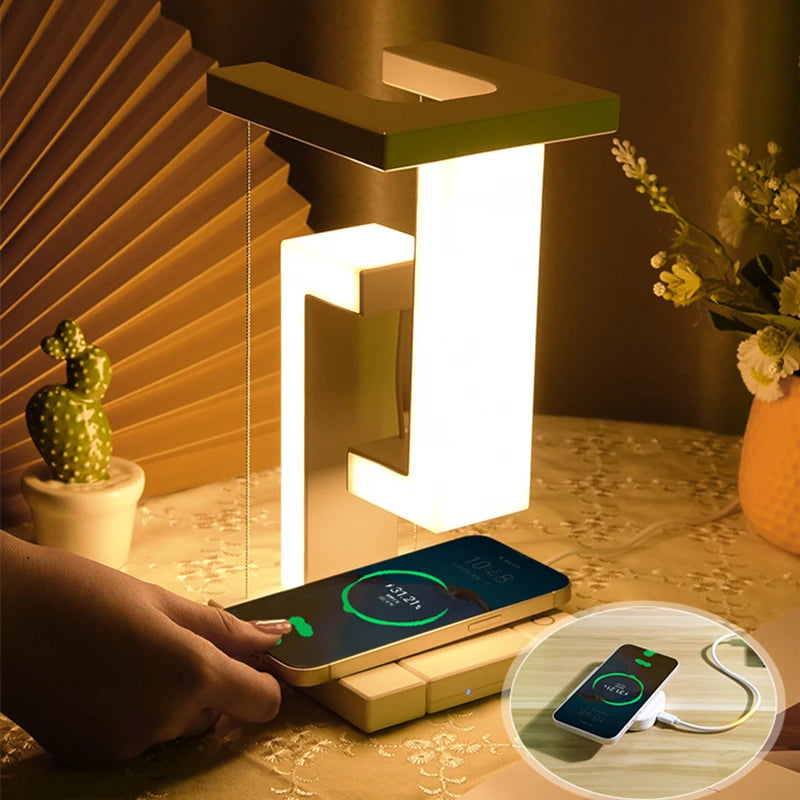 "Magical Floating Lamp & 10W Wireless Charger - Stylish Decor for Bedroom & Office!"