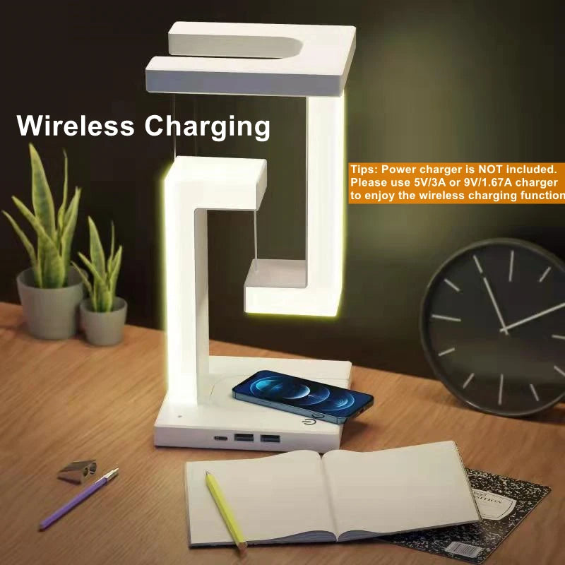 "Magical Floating Lamp & 10W Wireless Charger - Stylish Decor for Bedroom & Office!"